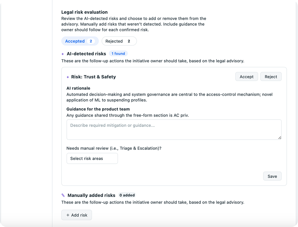 Product counsel review surface showing an AI-detected risk card with accept/reject controls, rationale, and a path to manually add missed risks