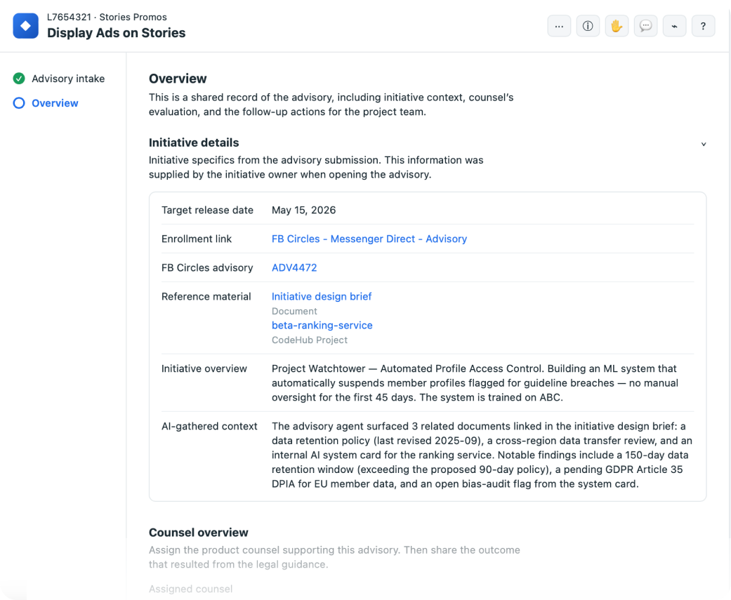 Consult advisory overview screen, showing initiative details and AI-gathered context from linked documents
