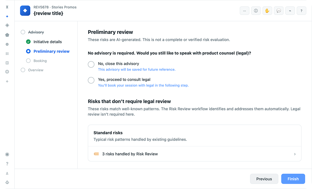 Consult preliminary review screen showing a no-advisory-required outcome with an option to still consult legal