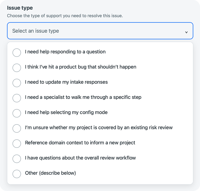 Issue type dropdown expanded, showing a guardrailed list of specific categories a project owner can select from