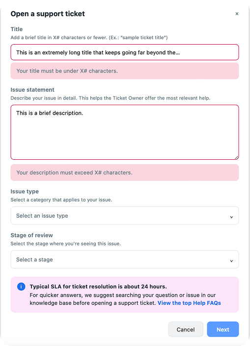 Open a support ticket form with title and issue statement fields, showing validation errors for a too-long title and too-short description