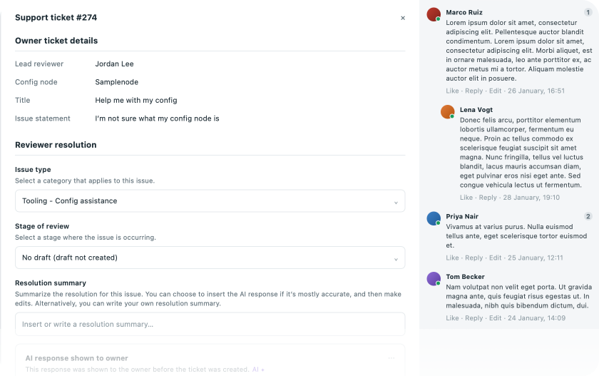 Support ticket reviewer view showing owner ticket details, a reviewer resolution form, and a comment thread from reviewers