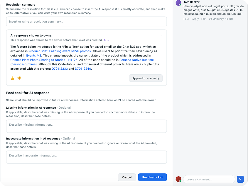 Reviewer resolution summary field with the AI response shown to the owner, plus feedback fields for missing or inaccurate information